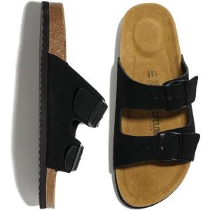 imageProject Cloud Genuine Leather Mens Sandals with Memory Foam Natural Cork Footbed Slides for Men Footwear  NonSlip DoubleStrap Buckle Summer Sandals ArizonaBlack Suede