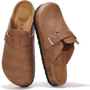imageProject Cloud Mens Clogs  Full Grain Genuine Leather Memory Foam Clogs for Men Arch Support Cork Footbed  Non Slip Platform Mules BrooklynCognac Distressed