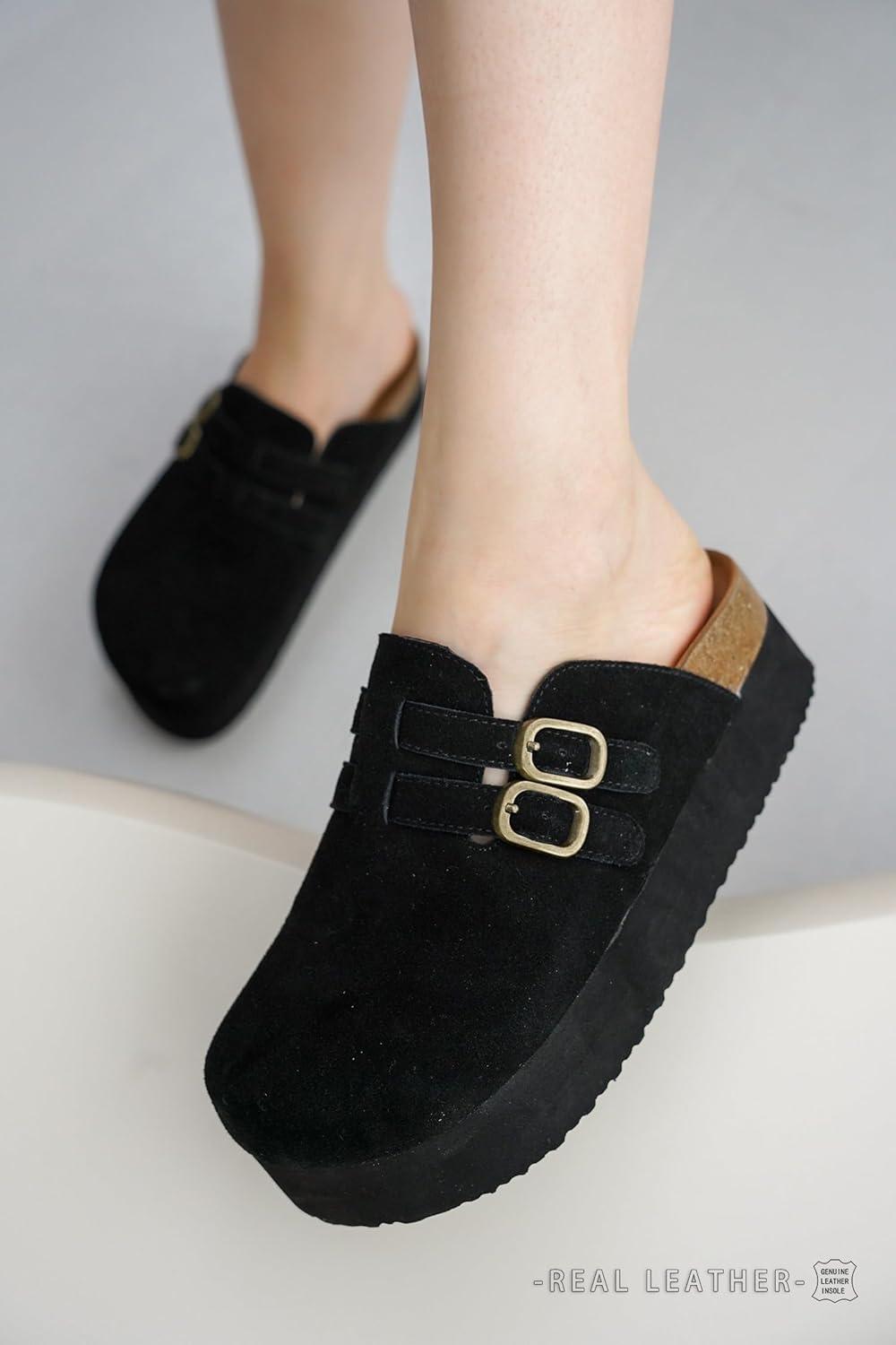 imageProject Cloud 100 Genuine Leather Clogs for Women  Wedge Womens Clogs Platform Sandals with Memory Foam Insole  Heeled Mules for Women 2025 StephiBlack