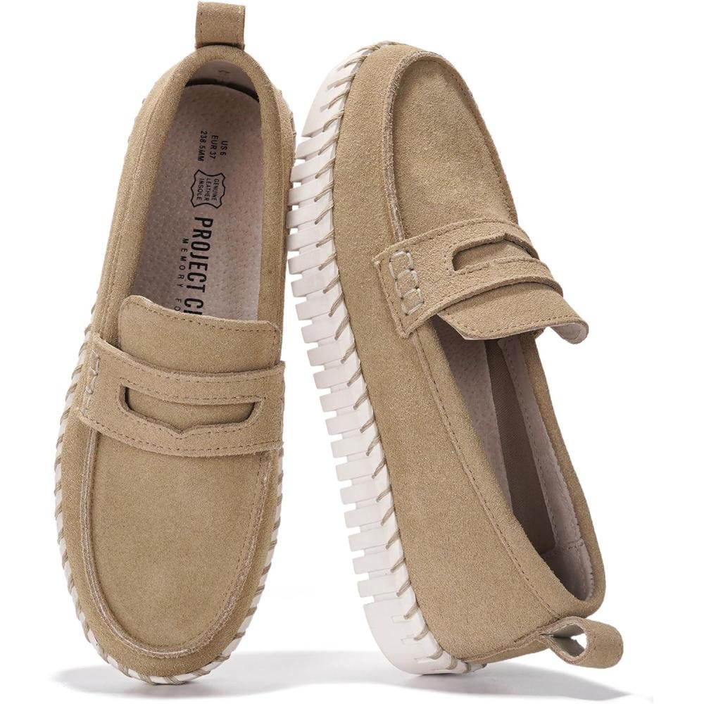 imageProject Cloud Genuine Leather Loafers for Women  Memory Foam Womens Shoes  Non Slip Spring Loafers Flexible Sole  Fashion Shoes for Women 2025 FilideBeige