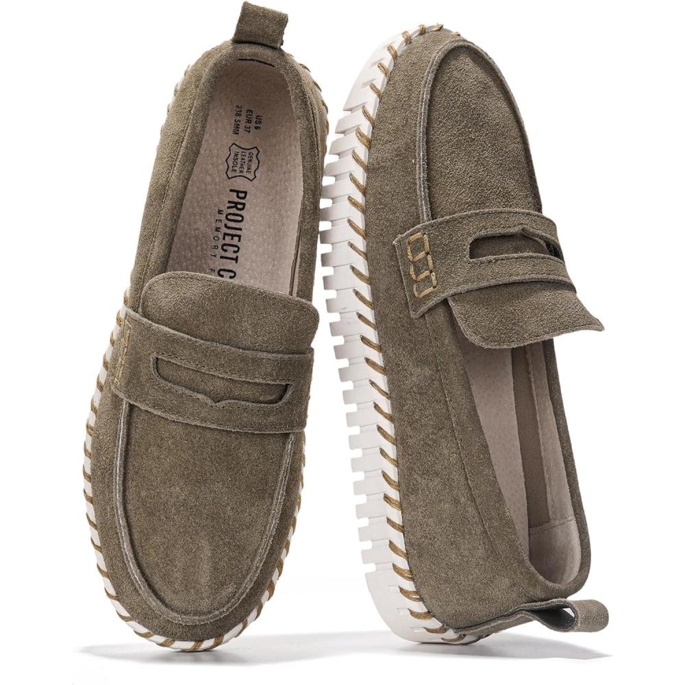 imageProject Cloud Genuine Leather Loafers for Women  Memory Foam Womens Shoes  Non Slip Spring Loafers Flexible Sole  Fashion Shoes for Women 2025 FilideOlive