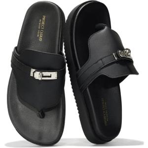 imageProject Cloud Genuine Leather Womens Sandals  Memory Foam Summer Sandals for Women 2025  Slip on Slides for Women Non Slip Womens Slides VitaBlack