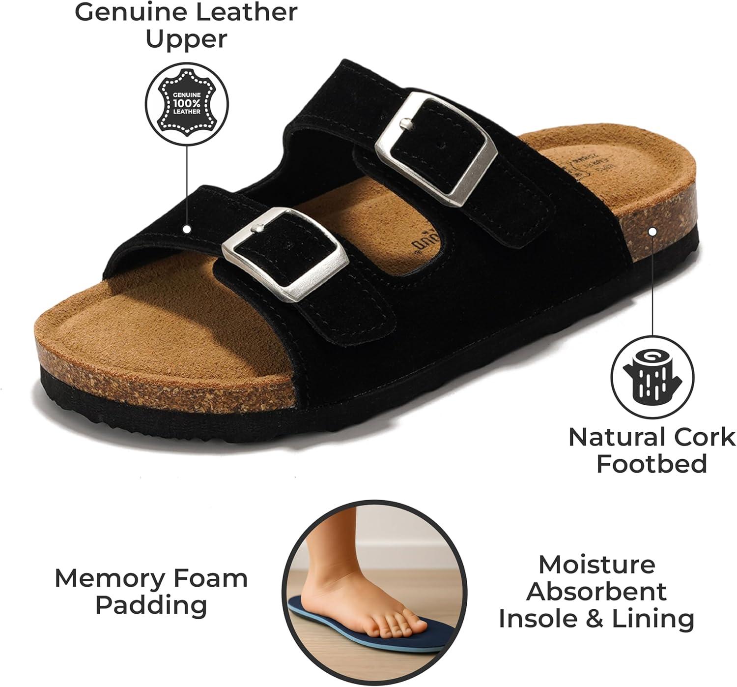 imageProject Cloud Genuine Leather Slides For Kids  Natural Cork Footbed Slides for Kids Sandals for Girls ampamp Boys  NonSlip Boys ampamp Girls SandalsBlack Suede