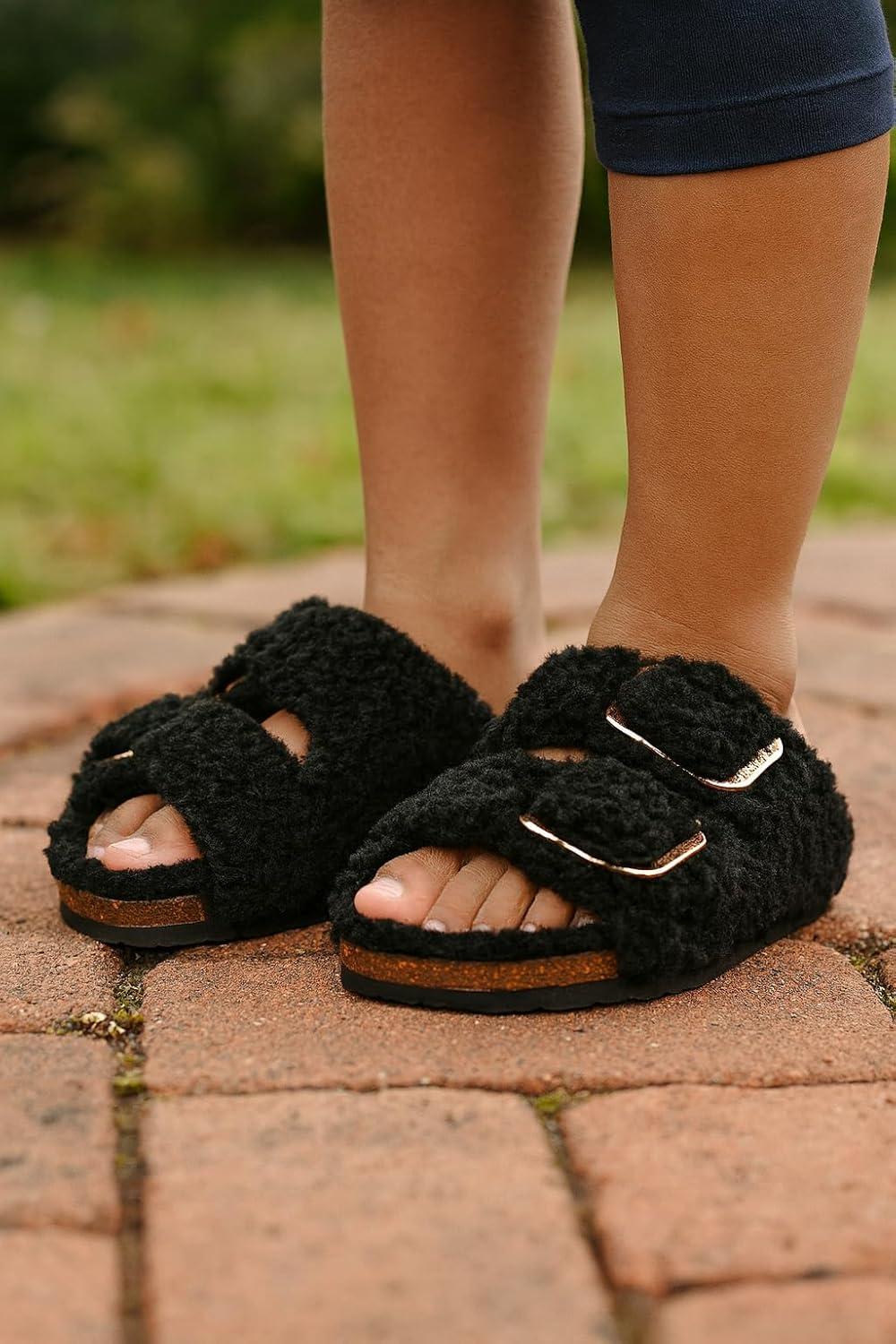 imageProject Cloud Genuine Leather Slides For Kids  Natural Cork Footbed Slides for Kids Sandals for Girls ampamp Boys  NonSlip Boys ampamp Girls SandalsBlack Fur