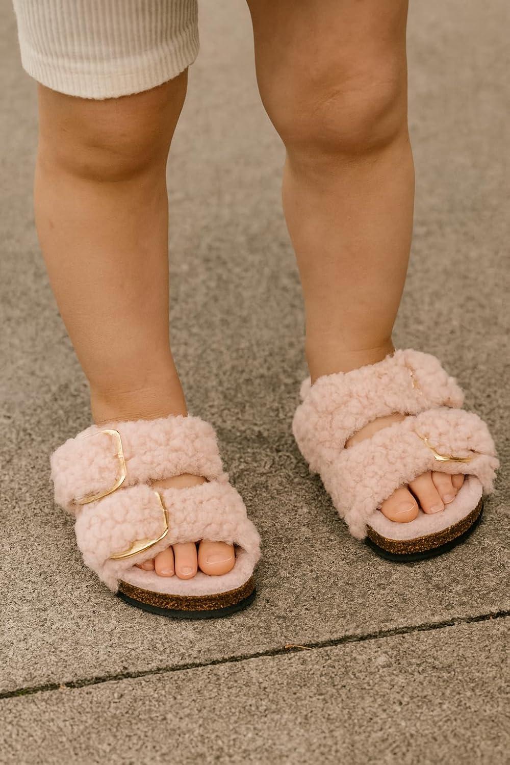imageProject Cloud Genuine Leather Slides For Kids  Natural Cork Footbed Slides for Kids Sandals for Girls ampamp Boys  NonSlip Boys ampamp Girls SandalsLight Pink Fur