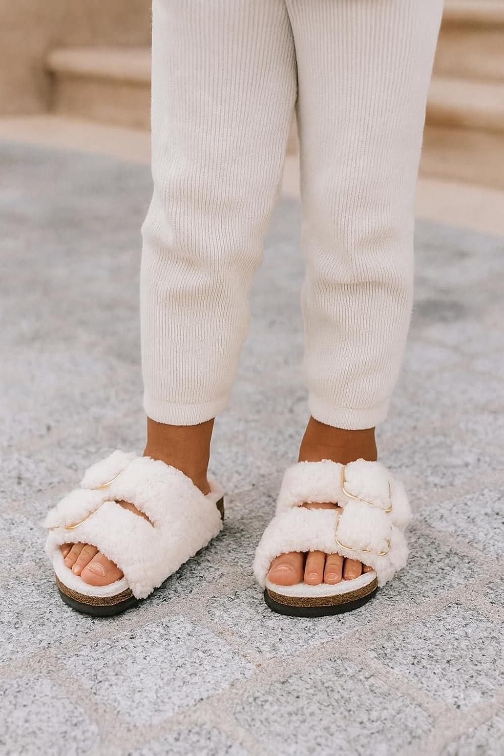 imageProject Cloud Genuine Leather Slides For Kids  Natural Cork Footbed Slides for Kids Sandals for Girls ampamp Boys  NonSlip Boys ampamp Girls SandalsOff White Fur