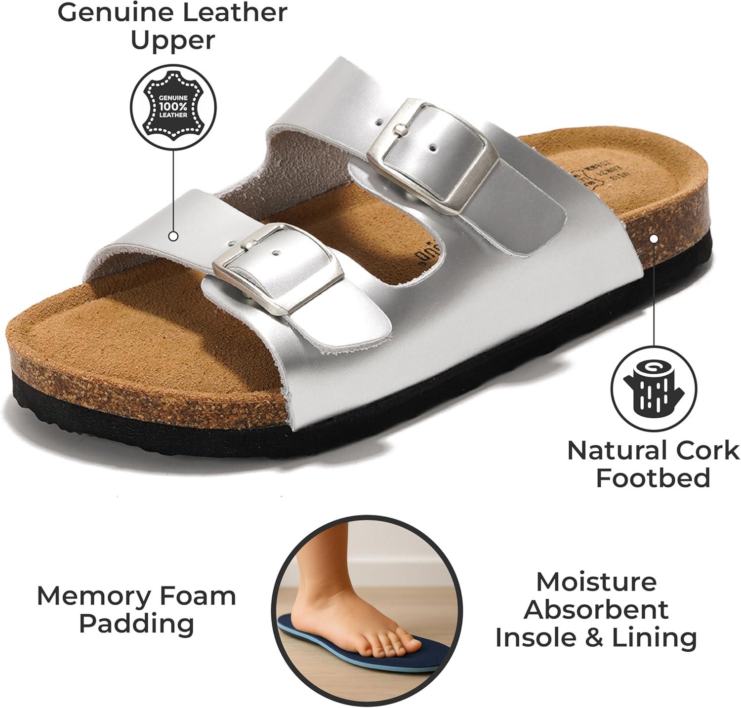 imageProject Cloud Genuine Leather Slides For Kids  Natural Cork Footbed Slides for Kids Sandals for Girls ampamp Boys  NonSlip Boys ampamp Girls SandalsSilver