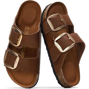 imageProject Cloud Genuine Leather Flat Sandals for Women 2025 Comfortable Beach Essentials Womens Sandals Memory Foam Vacation Essentials Slides for Women Footwear SantoriniBrown