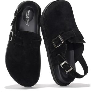 imageProject Cloud Genuine Leather Footbed Clogs for Women  Memory Foam Arch Support Slippers for Women  Trendy Slipons Womens Mules amp Clogs Sandals BentonBlack With Strap