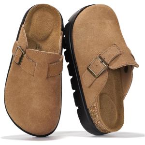 imageProject Cloud Chunky Kids Clogs  100 Genuine Leather Clogs for Kids with Cork Footbed amp Arch Support  NonSlip Mules amp Sandals for Girls Footwear Little BentonChunkyTan Suede