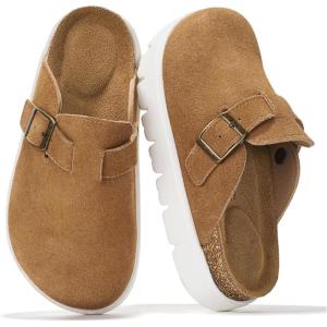 imageProject Cloud Chunky Kids Clogs  100 Genuine Leather Clogs for Kids with Cork Footbed amp Arch Support  NonSlip Mules amp Sandals for Girls Footwear Little BentonChunkyChestnut Suede