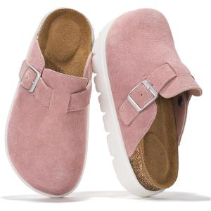 imageProject Cloud Chunky Kids Clogs  100 Genuine Leather Clogs for Kids with Cork Footbed amp Arch Support  NonSlip Mules amp Sandals for Girls Footwear Little BentonChunkyPink Suede
