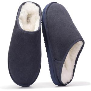 imageProject Cloud Mens Slippers 100 Genuine Leather and Genuine Shearling Lining  House Slippers for Men with Memory Foam Insole  Lightweight amp Non Slip Mens House ShoesNavy Suede