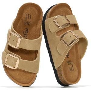 imageProject Cloud 100 Genuine Leather Kids Sandals  Non Slip and Lightweight Beach Sandals for Girls with Memory Foam Insole amp Cork Footbed Slides for Kids  Boys amp Girls Footwear Little SantoriniCamel Suede