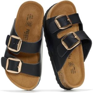 imageProject Cloud 100 Genuine Leather Kids Sandals  Non Slip and Lightweight Beach Sandals for Girls with Memory Foam Insole amp Cork Footbed Slides for Kids  Boys amp Girls Footwear Little SantoriniBlack Distressed