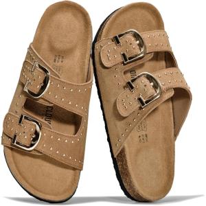 imageProject Cloud 100 Genuine Leather Womens Sandals  Lightweight Sandals for Women 2026 with Memory Foam Insole amp Natural Cork Footbed Beach Essentials Slides for Women Footwear Venita StudChestnut