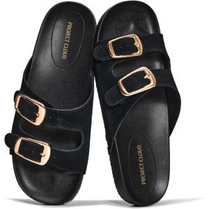 imageProject Cloud 100 Genuine Leather Womens Sandals Comfortable Plush amp Soft Insole Sandals Women  NonSlip Flat Sandals for Women 2026  Lightweight Womens Slides DAINTYBlack Suede