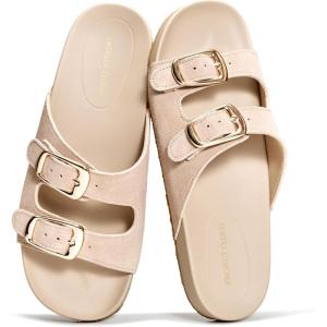 imageProject Cloud 100 Genuine Leather Womens Sandals Comfortable Plush amp Soft Insole Sandals Women  NonSlip Flat Sandals for Women 2026  Lightweight Womens Slides DAINTYBeige Suede