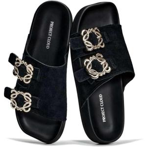 imageProject Cloud 100 Genuine Leather Womens Sandals Dressy  Lightweight amp NonSlip Womens Flats Sandals Women with Plush amp Soft Insole Slides Sandals for Women 2026 VeloraBlack Suede